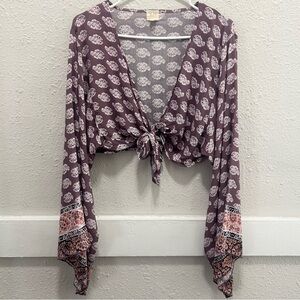 SURF GYPSY Purple Print Tie Front Cropped Bell Sleeve Top Size Small